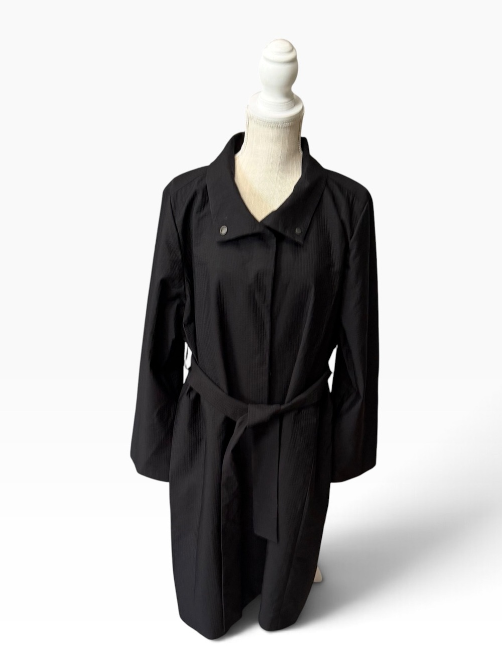 Eileen Fisher Women's Large Black Long Trench Coat Jacket Buttons Tie Back
